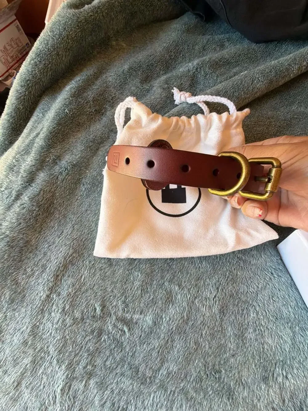 TagLock Leather AirTag Collar Holder Brown with a TrackR bravo device